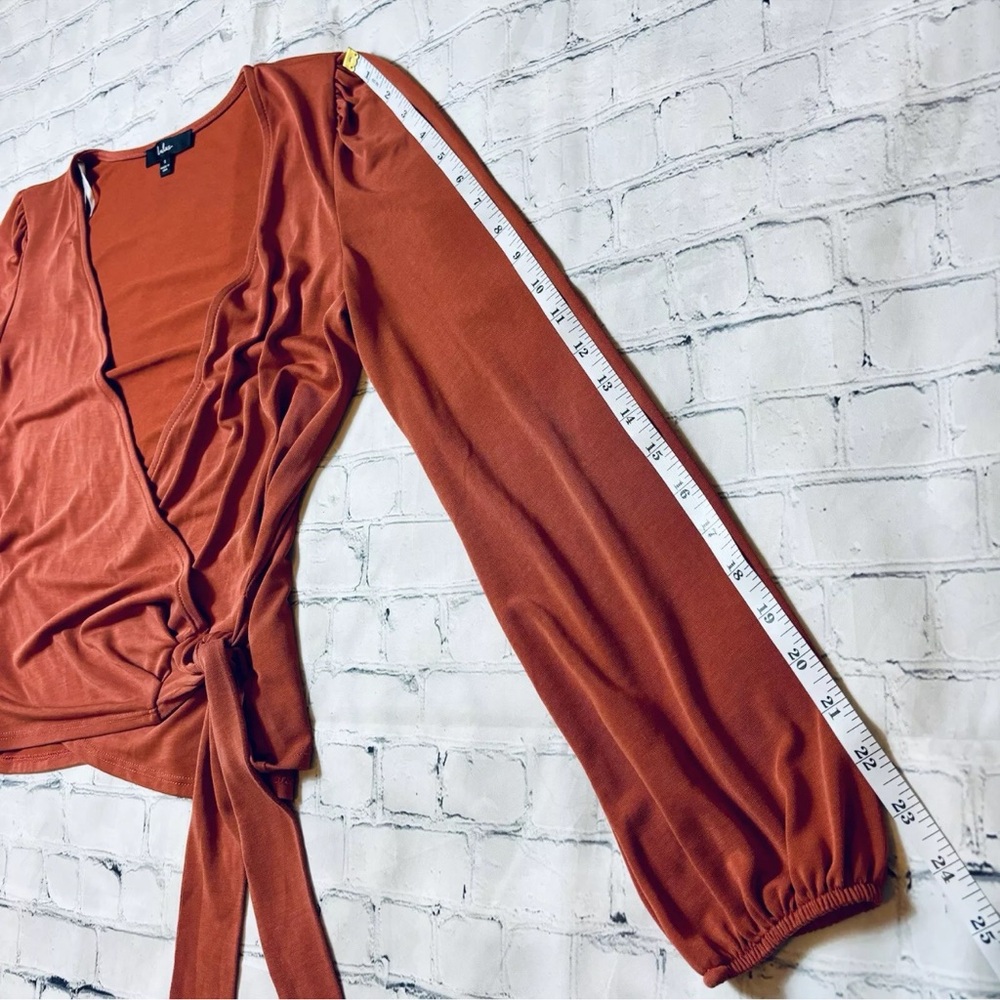 Lulus Women's Rust Orange Long Sleeve Faux Wrap Top Size S - Picture 8 of 9